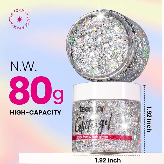 Teenitor Body Glitter, Silver Glitter, Body Glitter Gel, Makeup Glitter