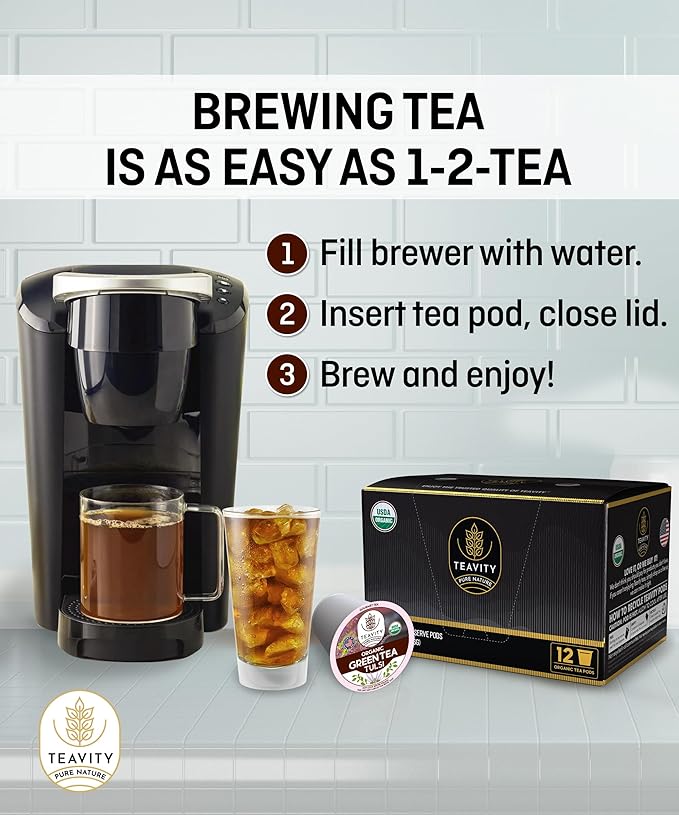 Organic Tulsi Tea Pods with Unsweetened Caffeinated Green Tea Pods for Keurig - Tulsi Green Tea by Teavity (24 Tea Pods)