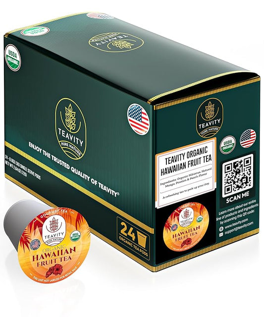 Organic Hibiscus Sabdariffa Tea Pods with Peach, Mango, & Passionfruit - Naturally Decaf Tea - Hawaiian Fruit Tea by Teavity (24 Tea Pods)