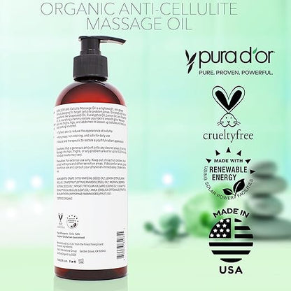 PURA D'OR 16 Oz Organic Anti-Cellulite Massage Oil - Lemon Peel, Moringa, Grape Seed, Grapefruit & Eucalyptus Oils - Skin Firming & Tightening for Active Individuals & Aging Adults
