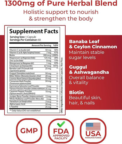 Elovate Glukosae Capsules, 1310mg - All-Natural, 3rd-Party-Tested, Non-GMO & Gluten-Free Complex with Guggul Extract, Biotin, Ceylon Cinnamon, & Ashwagandha for Overall Vitality, 60 Counts