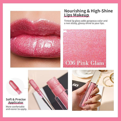 Oulac Glitter Hydrating Lipgloss Set with Mirror Finish Moisturizing & Reduce Fine Lines Lip Oil Refuse Chapped Lips Non Sticky Lip Gloss for Girls Women, 3X4.5ml