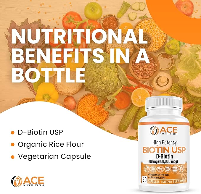 High Potency Biotin USP (D-Biotin 100,000mcg) - Superior Biotin, Organic Rice Flour, Vegetarian Capsules For Hair, Skin, & Myelin Health, Made in the USA (100mg/90 Capsules)