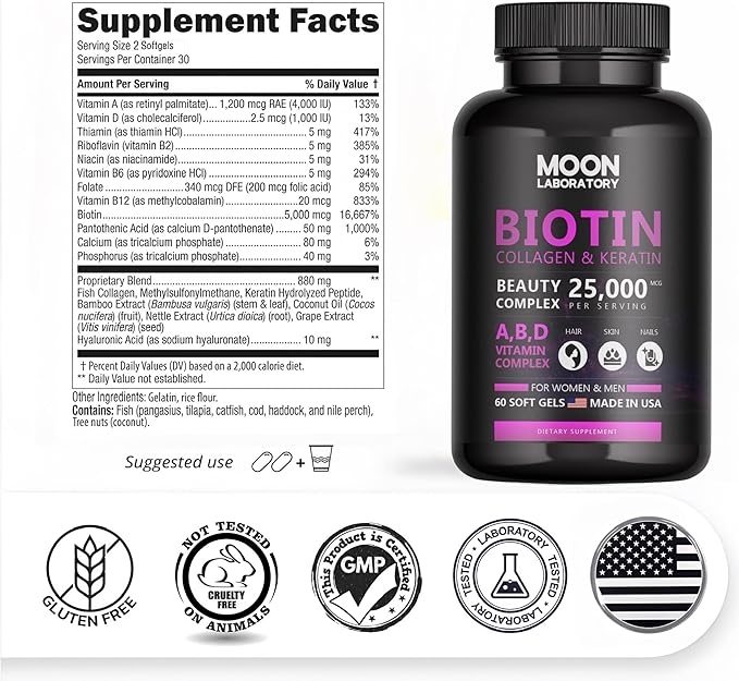Premium Biotin 5,000 mcg Beauty Complex with Collagen, Keratin, Hyaluronic Acid, Vitamin A, D3, B-Complex, Calcuim & Coconut Oil. Hair Growth, Nails, Skin. For Men & Women. 60 Softgels