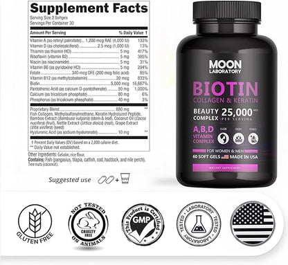 Premium Biotin 5,000 mcg Beauty Complex with Collagen, Keratin, Hyaluronic Acid, Vitamin A, D3, B-Complex, Calcuim & Coconut Oil. Hair Growth, Nails, Skin. For Men & Women. 60 Softgels