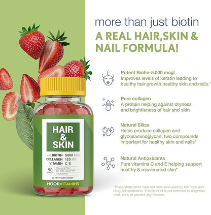 Noor Vitamins Halal Hair Vitamins Biotin, Collagen, Silica, Vitamin C & E Supports Hair, Skin & Nail Health; Natural Strawberry Gummy Vitamins. GMO, Gluten Free & a Certified Halal Vitamin (90 Count)