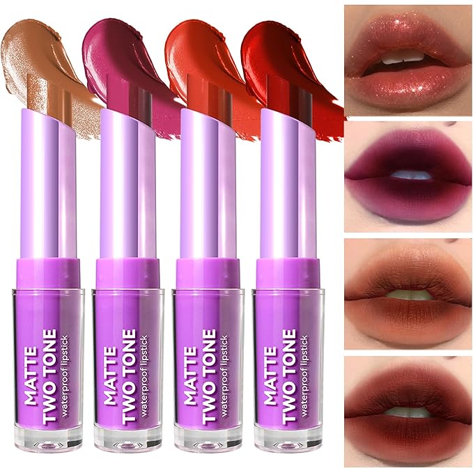 4Pcs Bitten Lips Lipstick Set, Shiny Nude Matte Long