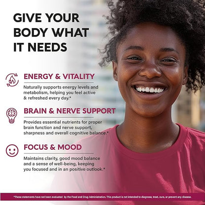 Vitamin B Complex for Men & Women - Made in USA - B-Complex: B1, B2, B3, B5, B6, B7, B8, B9, B12 with Vitamin C, Choline, Inositol - Energy, Brain & Heart Support Supplement, 60 Vegan Capsules