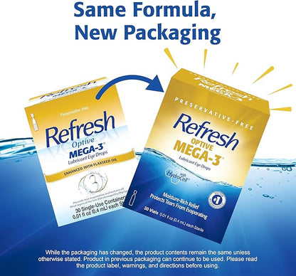 Refresh Optive MEGA-3 Lubricant Eye Drops Preservative-Free Artificial Tears, 0.01 fl oz (0.4 mL), 30 Single-Use Containers