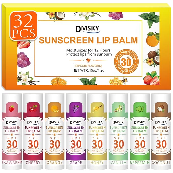 DMSKY SPF Lip Balm Bulk 32 Pack, Sunscreen Lip Balm SPF 30, Broad Spectrum UVA/UVB Protection, Lip Sunblock Bulk Sunscreen Travel Size