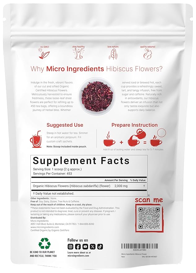 Organic Hibiscus Flowers, 2lbs (450+cups) | Flor de Jamaica, Loose Leaf Tea for Hibiscus Tea Bags | Cut & Sifted Dried Leaves | Caffeine Free, Non-GMO, No Sugar