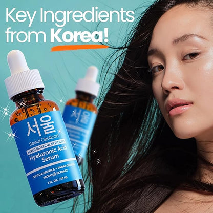 SeoulCeuticals Korean Hyaluronic Acid Serum For Face - High Molecular Weight & Low Molecular Weight Hyaluronic Acid - Centella Serum + Propolis. 1oz