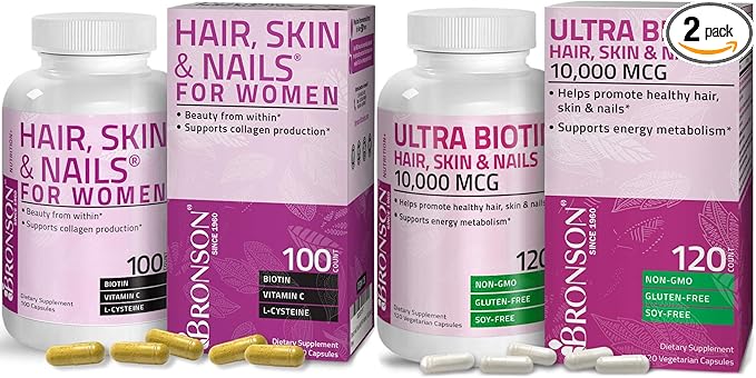 Bronson Hair, Skin & Nails with Biotin Extra Strength Vitamin Supplement for Women + Ultra Biotin 10,000 Mcg