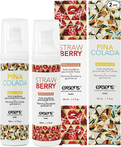 Exsens Warming Massage Oils, Strawberry and Pina Colada, for Men, Women, and Couples, 2 Pack