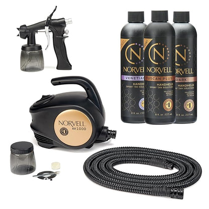 Norvell Sunless Kit - M1000 Mobile HVLP Spray Tan Airbrush Machine + 8 oz Tanning Solutions in 'Tuscan Plus', Venetian and Dark + Norvell Training Program