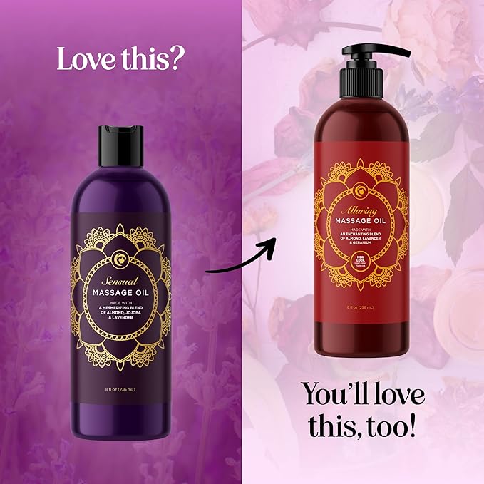 Aromatherapy Sensual Massage Oil for Couples - Relaxing Lavender Massaging Oil for Massage Therapy with Vitamin E Jojoba & Sweet Almond - Naturally Scented Vegan Non GMO & Gluten Free (8 Fl Oz)