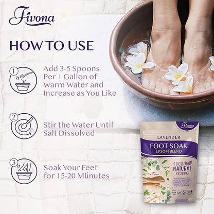 Fivona Foot Soak Blend Epsom Salt with Lavender 14.1 oz - Calming Foot Bath Salt, Relax & Renew Tired Feet, Soothe Soreness, Soften Calluses - Rejuvenating Pedicure Spa at Home