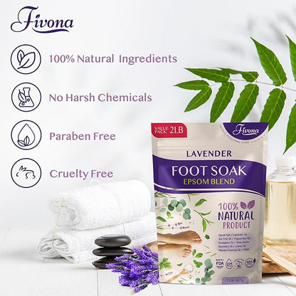 Foot Soak Epsom Salt with Lavender - Value Pack - 2 LB - Calming Foot Bath Salt, Relax & Renew Tired Feet, Soothe Soreness, Soften Calluses - Rejuvenating Pedicure Spa at Home