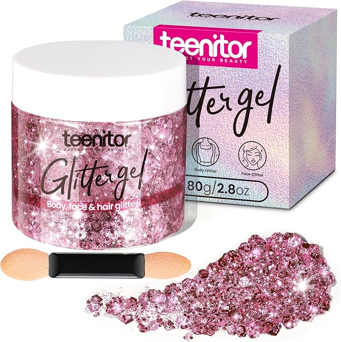 Teenitor Pink Body Glitter, Chunky Face Glitter, Pink Glitter Makeup 80g