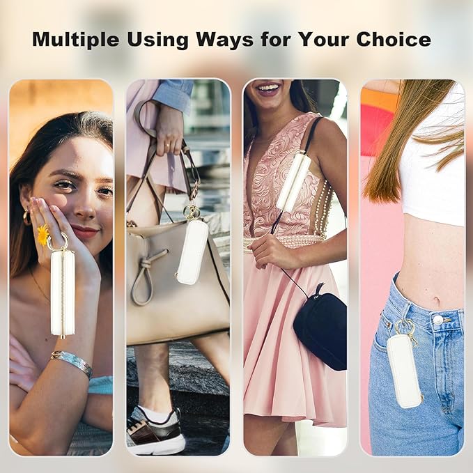 Bocasal Leather Lipstick Case Holder Chapstick Keychain Pouch, Zipper Lip Balm Lip Gloss Bag for Purse with Key Chain Elastic Band, Makeup Travel Organizer, Cosmetic Storage Kit for Women Girl (White)