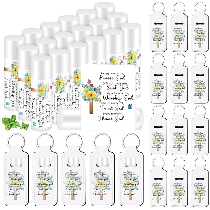 18 Sets Christian Inspiration Gift Lip Balm Bulk and Lipstick Holder Keychains Set Bible Verse Gift for Women Teacher Mom Church Favors(Happy Moments)
