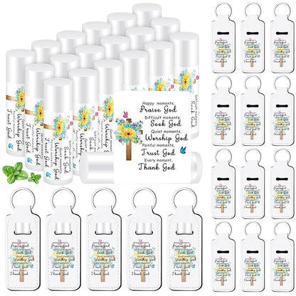 18 Sets Christian Inspiration Gift Lip Balm Bulk and Lipstick Holder Keychains Set Bible Verse Gift for Women Teacher Mom Church Favors(Happy Moments)
