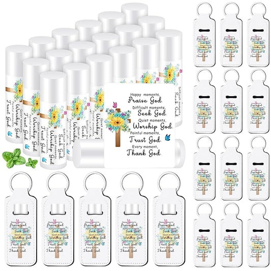 18 Sets Christian Inspiration Gift Lip Balm Bulk and Lipstick Holder Keychains Set Bible Verse Gift for Women Teacher Mom Church Favors(Happy Moments)
