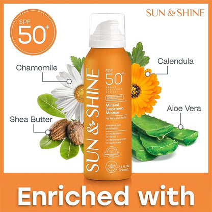 SUN & SHINE MINERAL SUNSCREEN MOUSSE: 100% mineral zinc oxide SPF50 Broad Spectrum UVA UVB, Face Body Protection, Sunburn Spray Zinc Oxide for Sensitive Skin, fragrance free 3.4 Oz