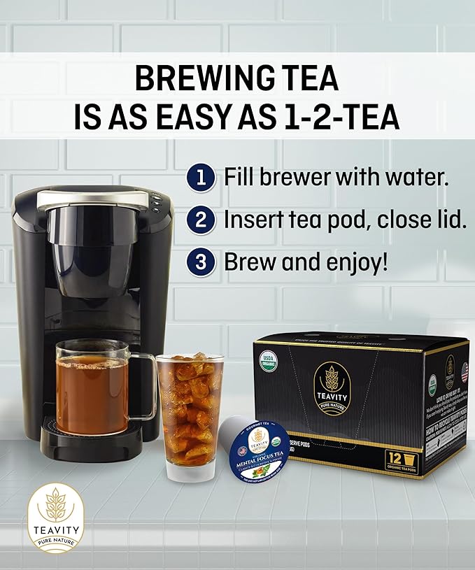 Organic Tea Pods with Moringa, Pepeppermint, Holy Basil & Turmeric - Naturally Decaf Tea - Mental Focus by Teavity (12 Tea Pods)