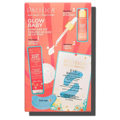 Pacifica Beauty | Glow Baby Vitamin C Trial + Value Kit | 3-Piece Skin Care Gift Set | Travel Friendly | Brightening Face Serum, Face Wash/Cleanser, Under Eye Patches | Glycolic Acid, AHA | Vegan