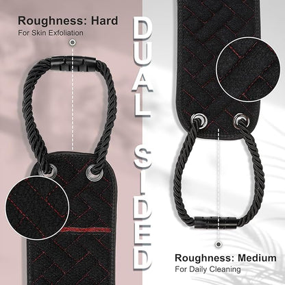 Exfoliating Back Scrubber with Upgraded Handles, 38.5 Inch Double-Sided Body Scrub Bath Exfoliator, Exfoliating Washcloth for Use in Shower, Back Washer to Deep Clean Your Skin for Men & Women (Black)