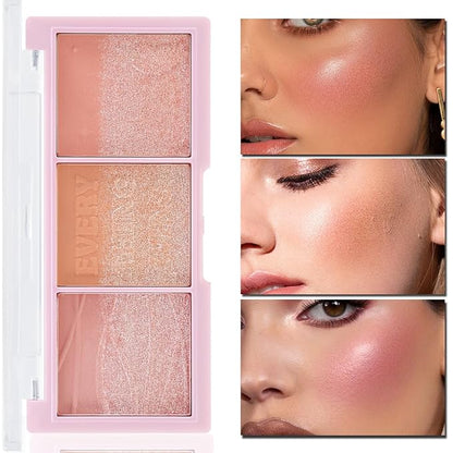 3 Colors Blush Palette，Blush Powder for Cheeks Makeup，Glitter