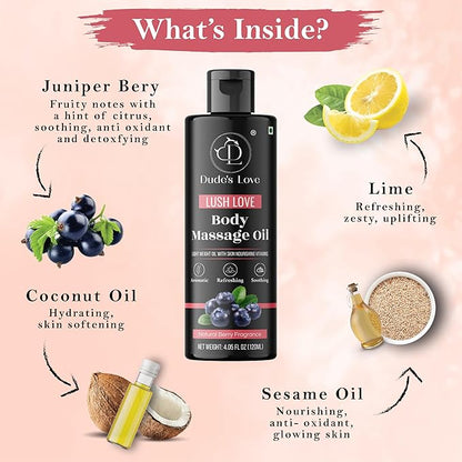 Organic - Berry Full Body Massage Oil - Revitalising, Detoxifying | No Stain & Non-Sticky | with Fractionated Coconut Oil, Lime & Juniper Berry Oil - 4.05 Fl Oz