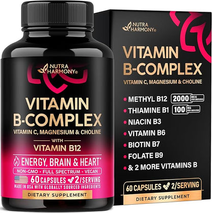 Vitamin B Complex for Men & Women - Made in USA - B-Complex: B1, B2, B3, B5, B6, B7, B8, B9, B12 with Vitamin C, Choline, Inositol - Energy, Brain & Heart Support Supplement, 60 Vegan Capsules