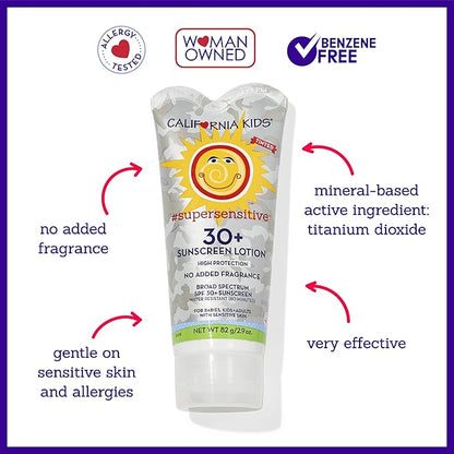 California Kids Super Sensitive SPF 30+ Sunscreen Lotion | Broad Spectrum | Titanium Dioxide | Unscented Hypoallergenic Mineral Sunscreen | Kids Sunscreen With Tint | 82 g / 2.9 oz.