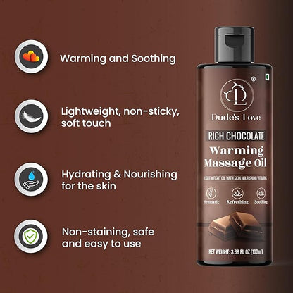 Dude's Love - Organic - Flavored Warming Body Massage Oil - Chocolate | No Stain - Non-Sticky | Nourish & Moisturize Skin | Aromatherapy Vegan Oil - 3.38 Fl Oz