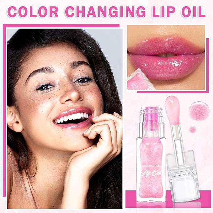 CAHIUYOA Magic Color Changing Lip Oil Tinted Lip Glow Oil Color Changing Lip Gloss Long Lasting Nourishing Lip Balm Care Shimmer Glossy Non-sticky Lip Tint Oil