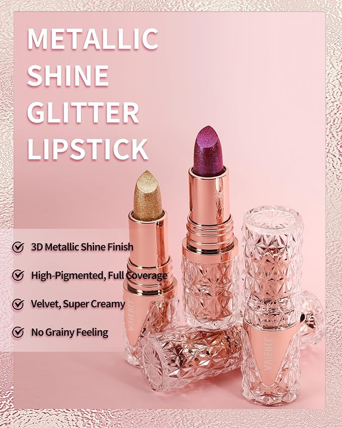 Shimmer Lipstick Long Lasting for Women with Metallic 3D Shine Hydrating Formula, Diamond Nude Glitter Lip Balm Tinted Glossy Lip Gloss High Impact Lip Color Nonstick Full-Coverage Lip Makeup-01
