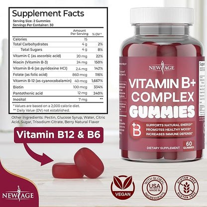 NEW AGE Vitamin B Complex Gummies with Vitamin B3, B5, B6, B7, B9 & B12 – with Biotin, Folic Acid & Vitamin C – Gluten-Free, Vegan, Made in The USA! (60 Count (Pack of 1))