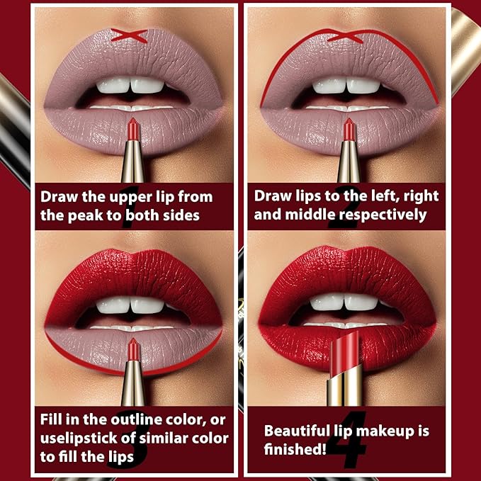 Strawberry Red Lip Liner and Lipstick for Women, Long