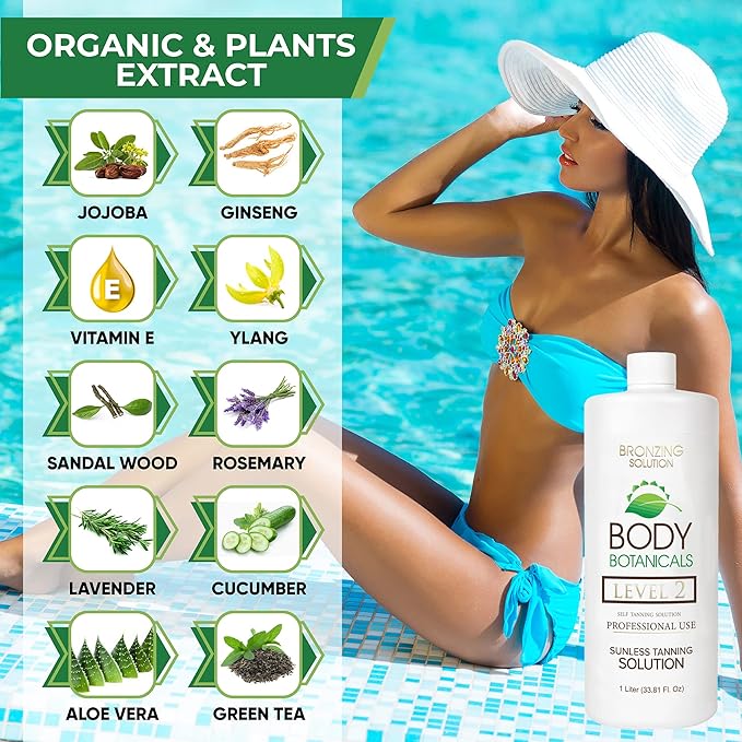 Professional Sunless Tanning Spray Tan Solution, Organic Essential Oils, Airbrush Formula, 33.8 Fl Oz. (Level 2 (10% DHA))