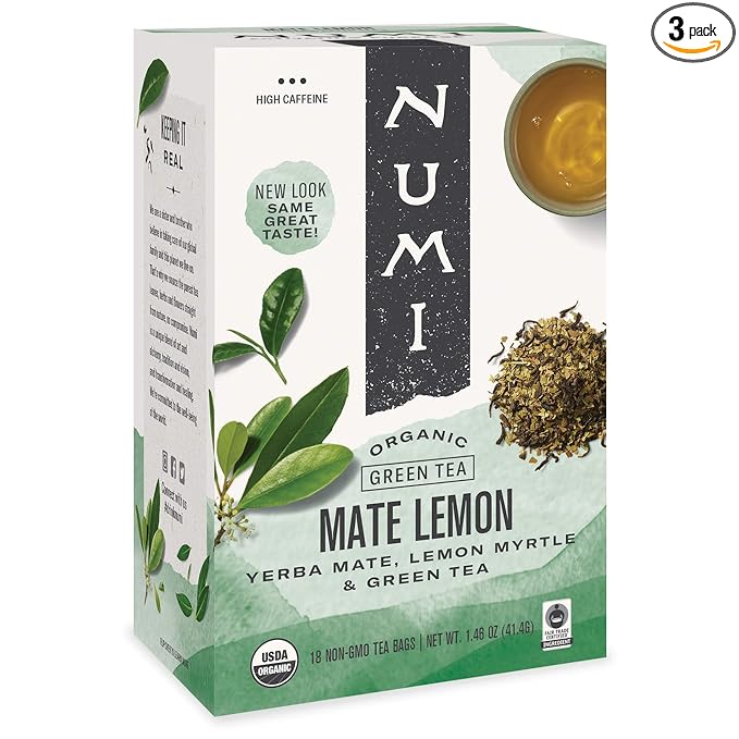 Numi Organic Tea Mate Lemon, Yerba Mate, Green Tea and Lemon Myrtle, 18 Count Tea Bags (Pack of 3)