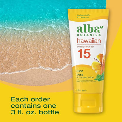 Alba Botanica Sunscreen for Face and Body, Hawaiian Aloe Vera Sunscreen Lotion, Broad Spectrum SPF 15 Sunscreen, Water Resistant and Biodegradable, 3 fl. oz. Bottle
