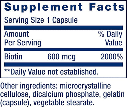 Life Extension Biotin 600 mcg Vitamin B7 Support Supplement for Beautiful Hair, Nails & Beyond – Gluten-Free, Non-GMO - 100 Capsules