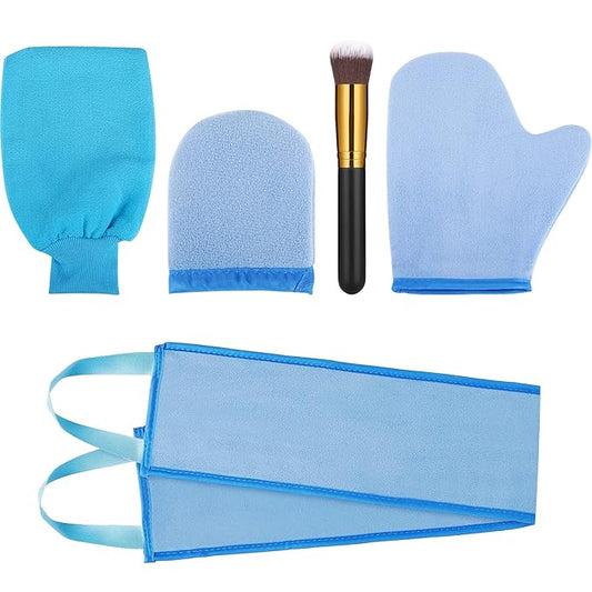 5 Pieces Self Tanning Mitt Applicator Kit, Includes Exfoliating Glove, Tanning Mitt, Mini Face Mitt, Back Lotion Applicator with Self Tanner Brush Large Flat Top Makeup Brush (Blue)