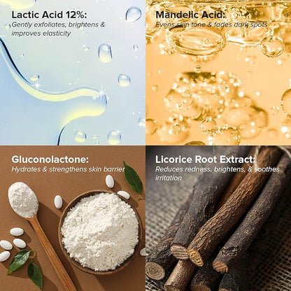 DRMTLGY Lactic Acid 12% Refining Serum for Face - AHA & PHA Exfoliating Face Serum - Dark Spot Serum with Brightening Licorice Root Extract, 1oz