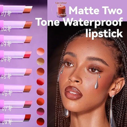 Nude Lipstick, 2 In1 Two Tone Bitten Moisturzing Waterproof Lipstick Gradient Bitting Matte Lipstick V Styling Glimmer Balm, Long Lasting Waterproof Silk Finish Lip Gloss for Women (#06)