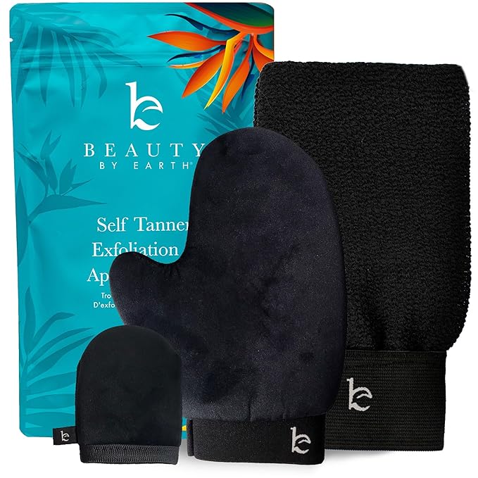 Self Tanner Tanning Mitt Set - Complete Tanning Mitts Kit with Exfoliating Gloves, Face and Body Tanner Glove for the Perfect Fake Self Tan Mit - Self Tanner Glove Mitt Tanning Lotion Applicator