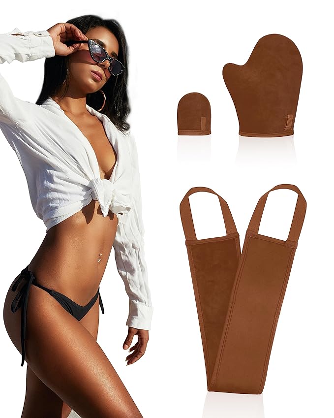 3 PCS Self Tanning Mitt Applicator, Self Tanner Mitt Applicator kit, Self Tanning Mit With Thumb And Back Lotion Applicators for Back, Ultra Soft Tanning Glove For Self Tan Mitt Applicator (Brown)