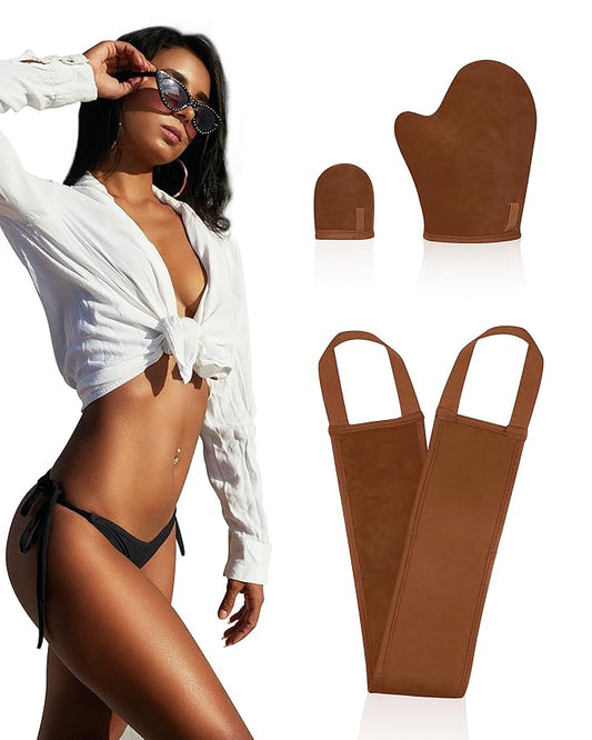 3 PCS Self Tanning Mitt Applicator, Self Tanner Mitt Applicator kit, Self Tanning Mit With Thumb And Back Lotion Applicators for Back, Ultra Soft Tanning Glove For Self Tan Mitt Applicator (Brown)